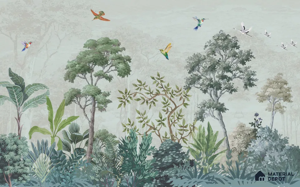Hummingbirds in the Quiet Canopy Tropical Mist Nature Art | WP 03999 B Canvas Texture Finish Tropical Style luxurious Customized size Wallpaper | 250 GSM WP01CNF Paper | (MOQ = 30 Sq. Ft.)