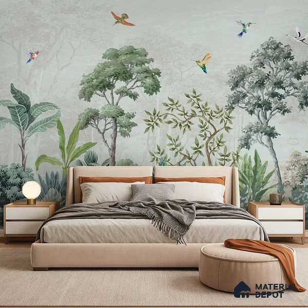 Hummingbirds in the Quiet Canopy Tropical Mist Nature Art | WP 03999 Non Woven Matte Finish Tropical Style Premium Customized size Wallpaper | 150 GSM WP01MTF Paper | (MOQ = 30 Sq. Ft.)