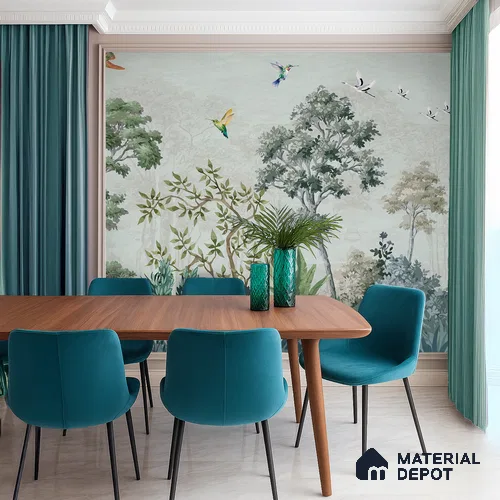 Hummingbirds in the Quiet Canopy Tropical Mist Nature Art | WP 03999 Non Woven Matte Finish Tropical Style Premium Customized size Wallpaper | 150 GSM WP01MTF Paper | (MOQ = 30 Sq. Ft.)