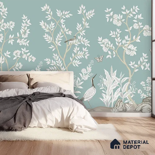 WP 04121 | Sage Grey Trees Cranes Customized Floral Wallpaper - Canvas