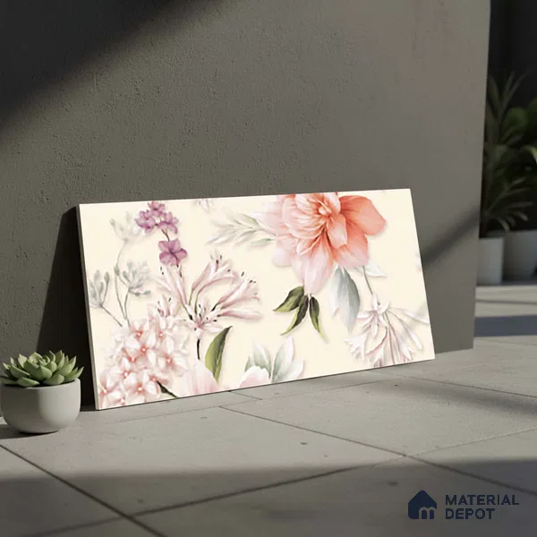 Floral Wall Tile TL 06526 U NG Mandavi Royal Ivory Flower A 2 ft x 1 ft Ceramic Matte Finish - 8 mm | Suitable for Living Room, Kitchen & Bathroom | Please Expect a Slight Variation of Pattern (Sample)