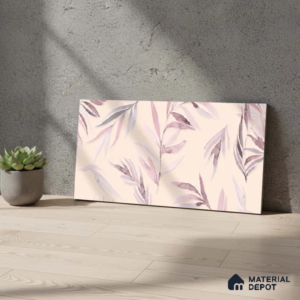 Floral Wall Tile TL 06526 W NG Mandavi Royal Pink Leaf A 2 ft x 1 ft Ceramic Matte Finish - 8 mm | Suitable for Living Room, Kitchen & Bathroom | Please Expect a Slight Variation of Pattern