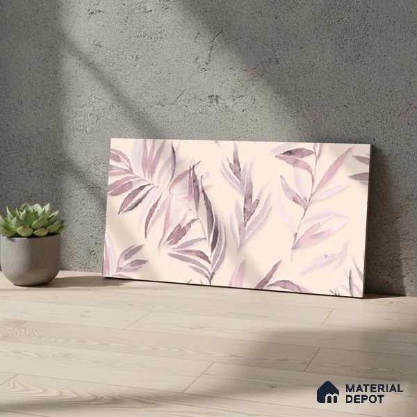 Floral Wall Tile TL 06526 X NG Mandavi Royal Pink Leaf B 2 ft x 1 ft Ceramic Matte Finish - 8 mm | Suitable for Living Room, Kitchen & Bathroom | Please Expect a Slight Variation of Pattern