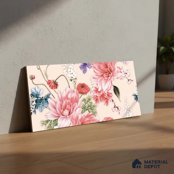 Floral Wall Tile TL 06526 Y NG Mandavi Royal Pink Flower A 2 ft x 1 ft Ceramic Matte Finish - 8 mm | Suitable for Living Room, Kitchen & Bathroom | Please Expect a Slight Variation of Pattern