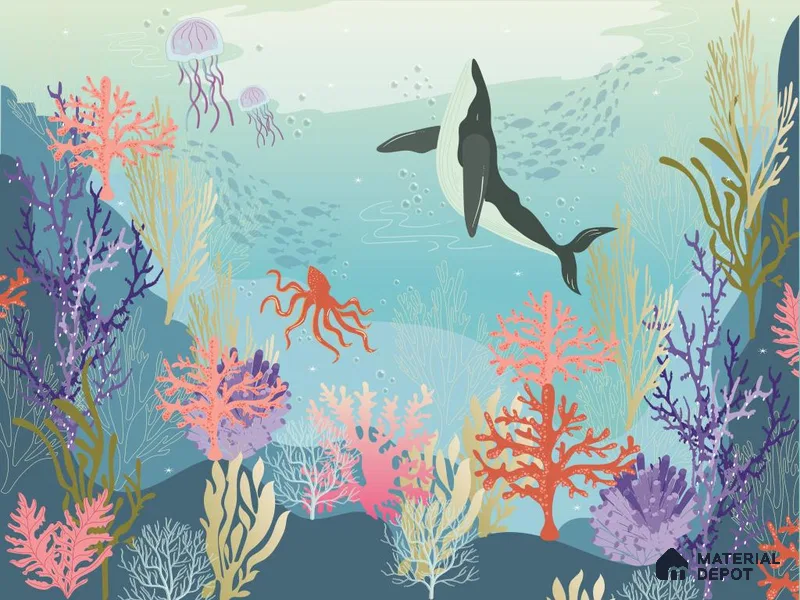 Little Secrets of the Sea Whale And The Aquatic Nature | WP 04087 B Non Woven Matte Finish Nature Style Premium Customized size Wallpaper | 150 GSM WP01MTF Paper | (MOQ = 30 Sq. Ft.)