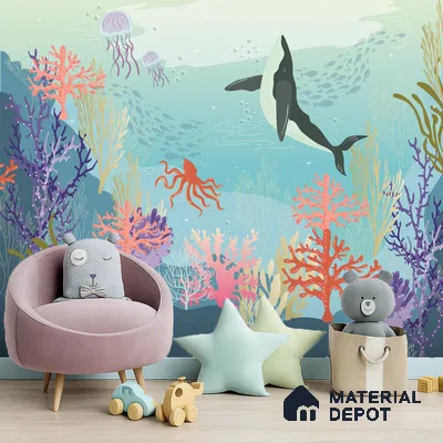 Little Secrets of the Sea Whale And The Aquatic Nature | WP 04087 B Non Woven Matte Finish Nature Style Premium Customized size Wallpaper | 150 GSM WP01MTF Paper | (MOQ = 30 Sq. Ft.)