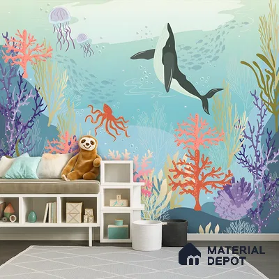Little Secrets of the Sea Whale And The Aquatic Nature | WP 04087 B Non Woven Matte Finish Nature Style Premium Customized size Wallpaper | 150 GSM WP01MTF Paper | (MOQ = 30 Sq. Ft.)
