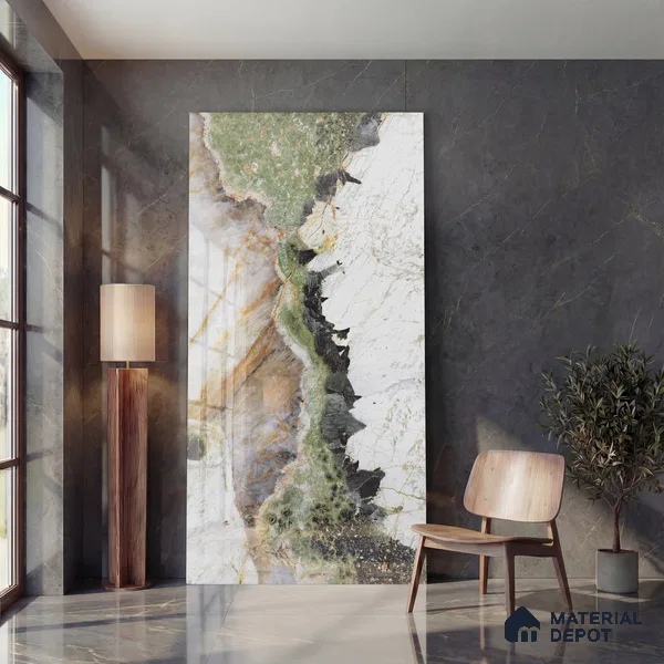 Large Format Bookmatch Floor & Wall Tile TL 10588 Botanic Wave 8 ft x 4 ft Colour Body Vitrified Glossy Finish - 9 mm | Suitable for Living Room, Bedroom, Bathroom | Adhesive and Spacers Must be Used During Installation