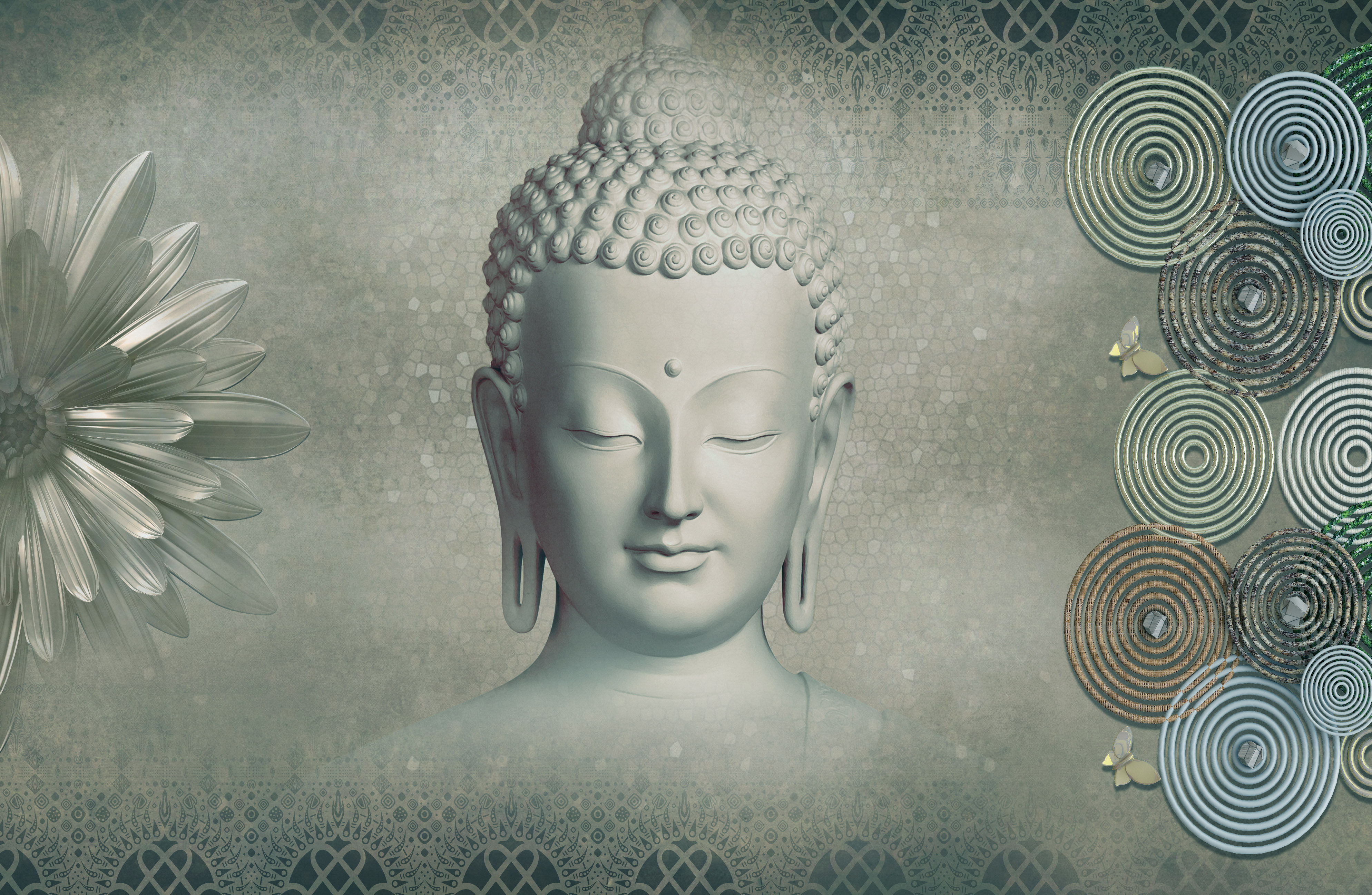 Circles of Consciousness Buddha With Nature | WP 04108 Non Woven Matte Finish Indian Style Premium Customized size Wallpaper | 150 GSM WP01MTF Paper | (MOQ = 30 Sq. Ft.)