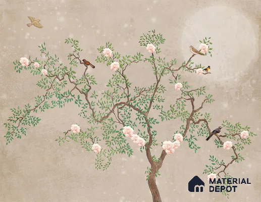 Warm Taupe Floral Branch Serenity Chinoserie Blossom Mural Art | WP 03939 B Canvas Texture Finish Chinoiserie Style luxurious Customized size Wallpaper | 250 GSM WP01CNF Paper | (MOQ = 30 Sq. Ft.) | Design change not possible