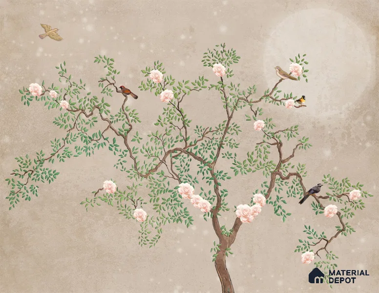 Warm Taupe Floral Branch Serenity Chinoserie Blossom Mural Art | WP 03939 B Canvas Texture Finish Chinoiserie Style luxurious Customized size Wallpaper | 250 GSM WP01CNF Paper | (MOQ = 30 Sq. Ft.) | Design change not possible