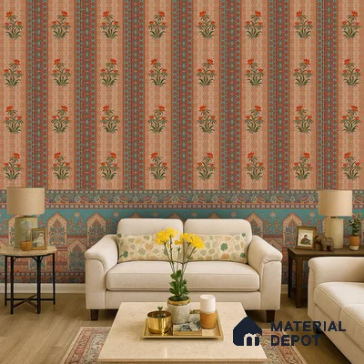 Bagru Darbar Earth Tone Paisley Sketch | WP 04165 B Canvas Texture Finish Indian Style luxurious Customized size Wallpaper | 250 GSM WP01CNF Paper | (MOQ = 30 Sq. Ft.) | Design change not possible
