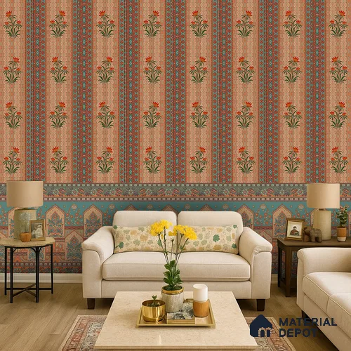 Bagru Darbar Earth Tone Paisley Sketch | WP 04165 B Canvas Texture Finish Indian Style luxurious Customized size Wallpaper | 250 GSM WP01CNF Paper | (MOQ = 30 Sq. Ft.) | Design change not possible