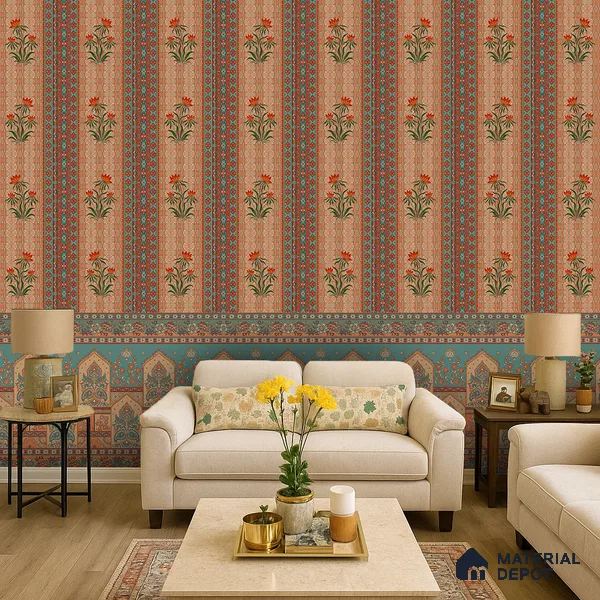 Bagru Darbar Earth Tone Paisley Sketch | WP 04165 B Canvas Texture Finish Indian Style luxurious Customized size Wallpaper | 250 GSM WP01CNF Paper | (MOQ = 30 Sq. Ft.) | Design change not possible