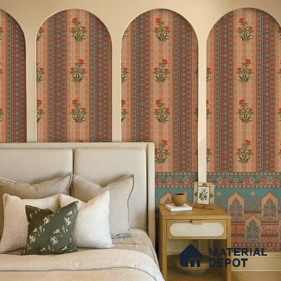 Bagru Darbar Earth Tone Paisley Sketch | WP 04165 B Canvas Texture Finish Indian Style luxurious Customized size Wallpaper | 250 GSM WP01CNF Paper | (MOQ = 30 Sq. Ft.) | Design change not possible