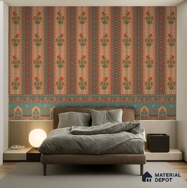 Bagru Darbar Earth Tone Paisley Sketch | WP 04165 B Canvas Texture Finish Indian Style luxurious Customized size Wallpaper | 250 GSM WP01CNF Paper | (MOQ = 30 Sq. Ft.) | Design change not possible