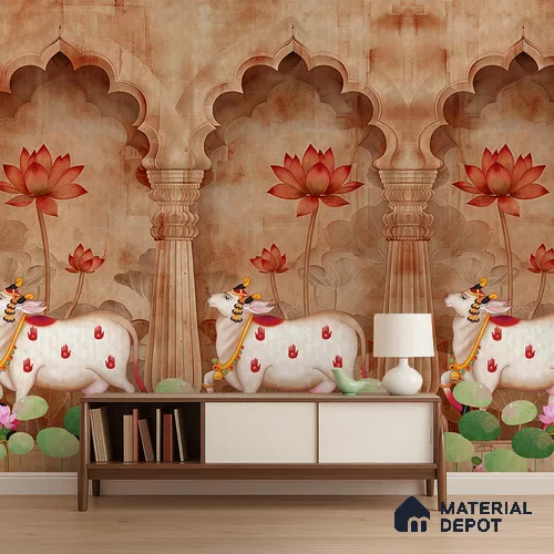 Jharokha Cow Pichwai Rustic Wildflower Pattern | WP 04181 Non Woven Matte Finish Animal Print,Pichwai Style Premium Customized size Wallpaper | 150 GSM WP01MTF Paper | (MOQ = 30 Sq. Ft.) | Design change not possible