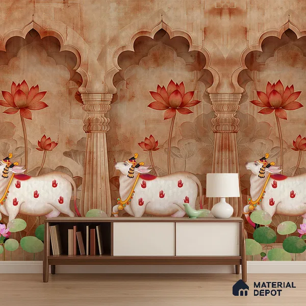 Jharokha Cow Pichwai Rustic Wildflower Pattern | WP 04181 B Canvas Texture Finish Animal Print,Pichwai Style luxurious Customized size Wallpaper | 250 GSM WP01CNF Paper | (MOQ = 30 Sq. Ft.) | Design change not possible