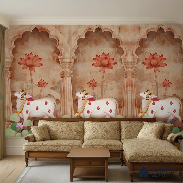 Jharokha Cow Pichwai Rustic Wildflower Pattern | WP 04181 B Canvas Texture Finish Animal Print,Pichwai Style luxurious Customized size Wallpaper | 250 GSM WP01CNF Paper | (MOQ = 30 Sq. Ft.) | Design change not possible