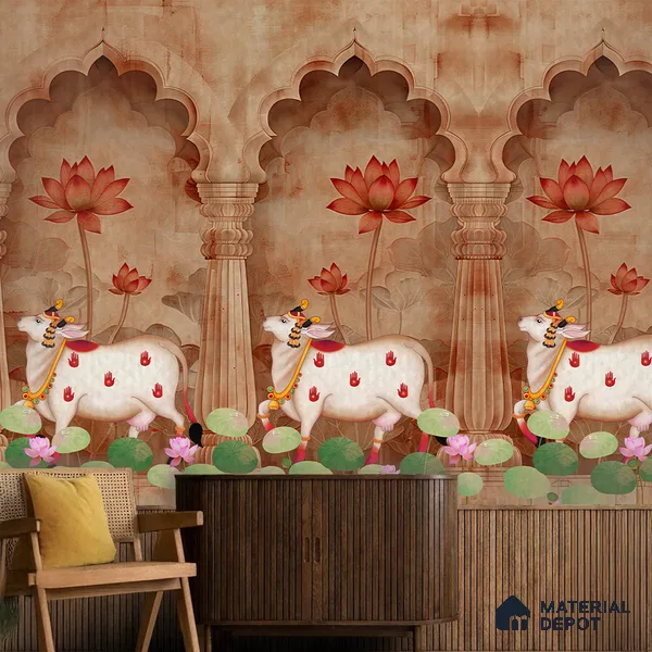 Jharokha Cow Pichwai Rustic Wildflower Pattern | WP 04181 B Canvas Texture Finish Animal Print,Pichwai Style luxurious Customized size Wallpaper | 250 GSM WP01CNF Paper | (MOQ = 30 Sq. Ft.) | Design change not possible
