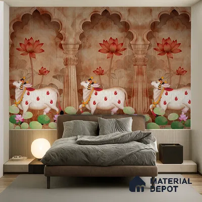Jharokha Cow Pichwai Rustic Wildflower Pattern | WP 04181 B Canvas Texture Finish Animal Print,Pichwai Style luxurious Customized size Wallpaper | 250 GSM WP01CNF Paper | (MOQ = 30 Sq. Ft.) | Design change not possible