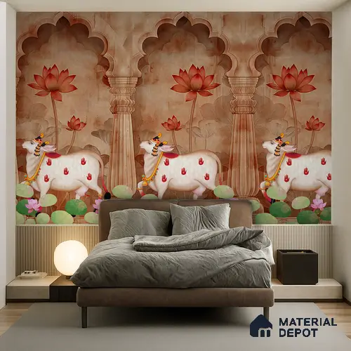 Jharokha Cow Pichwai Rustic Wildflower Pattern | WP 04181 Non Woven Matte Finish Animal Print,Pichwai Style Premium Customized size Wallpaper | 150 GSM WP01MTF Paper | (MOQ = 30 Sq. Ft.) | Design change not possible