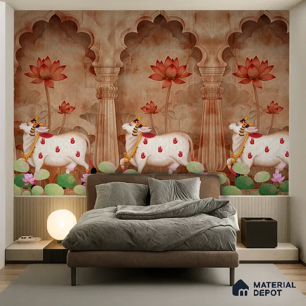 Jharokha Cow Pichwai Rustic Wildflower Pattern | WP 04181 B Canvas Texture Finish Animal Print,Pichwai Style luxurious Customized size Wallpaper | 250 GSM WP01CNF Paper | (MOQ = 30 Sq. Ft.) | Design change not possible