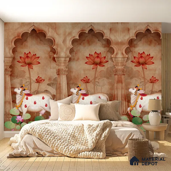 Jharokha Cow Pichwai Rustic Wildflower Pattern | WP 04181 B Canvas Texture Finish Animal Print,Pichwai Style luxurious Customized size Wallpaper | 250 GSM WP01CNF Paper | (MOQ = 30 Sq. Ft.) | Design change not possible