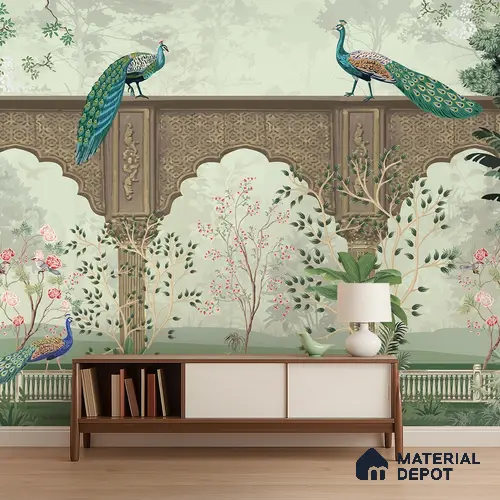 Under the Garden Arches Utsav Maroon Floral Drape | WP 04195 B Canvas Texture Finish Indian Style luxurious Customized size Wallpaper | 250 GSM WP01CNF Paper | (MOQ = 30 Sq. Ft.)