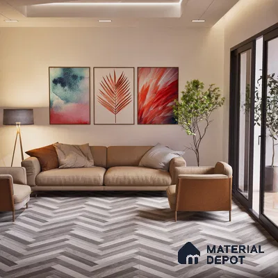 Herringbone Wood Look Floor Tile TL 06650 B Rhodium Grey 4 ft x 2 ft Vitrified Matte Finish - 9 mm | (Random 1) | Suitable for Living Room, Bedroom, Bathroom, Kitchen, Office, Elevation & Dining