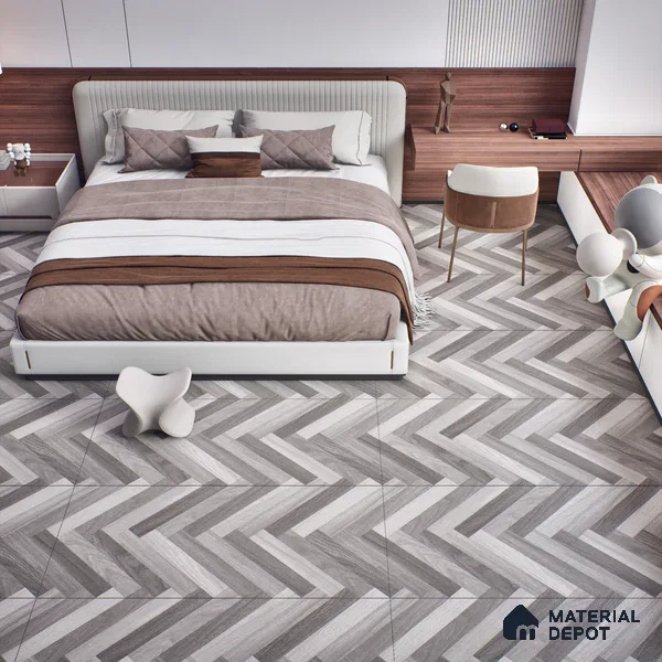 Herringbone Wood Look Floor Tile TL 06650 B Rhodium Grey 4 ft x 2 ft Vitrified Matte Finish - 9 mm | (Random 1) | Suitable for Living Room, Bedroom, Bathroom, Kitchen, Office, Elevation & Dining