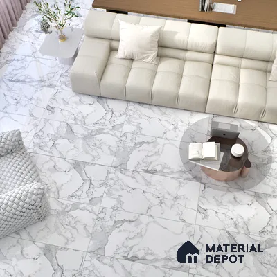 Marble Floor & Wall Tile | TL 02575 Carrara Classico 4 ft x 2 ft Glossy Finish Random Design Vitrified Tile - 9 mm | Suitable For Living Room, Bedroom, Kitchen (Sample)