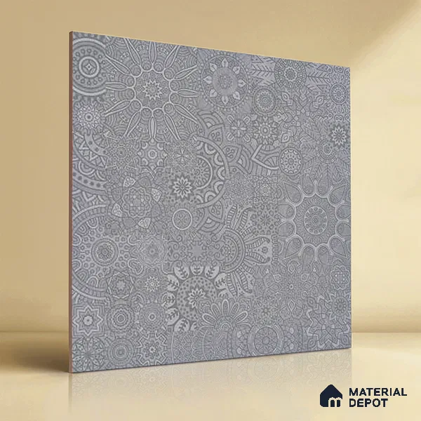 Moroccan Look Floor & Wall Tile TL 06014 Celestial Silver 2 ft x 2 ft Rustic Carving Matte Finish Vitrified Tile - 9 mm | 4 Random Design | Suitable For Kitchen, Bathroom, Dining Area | Please Expect a Slight Variation of Pattern