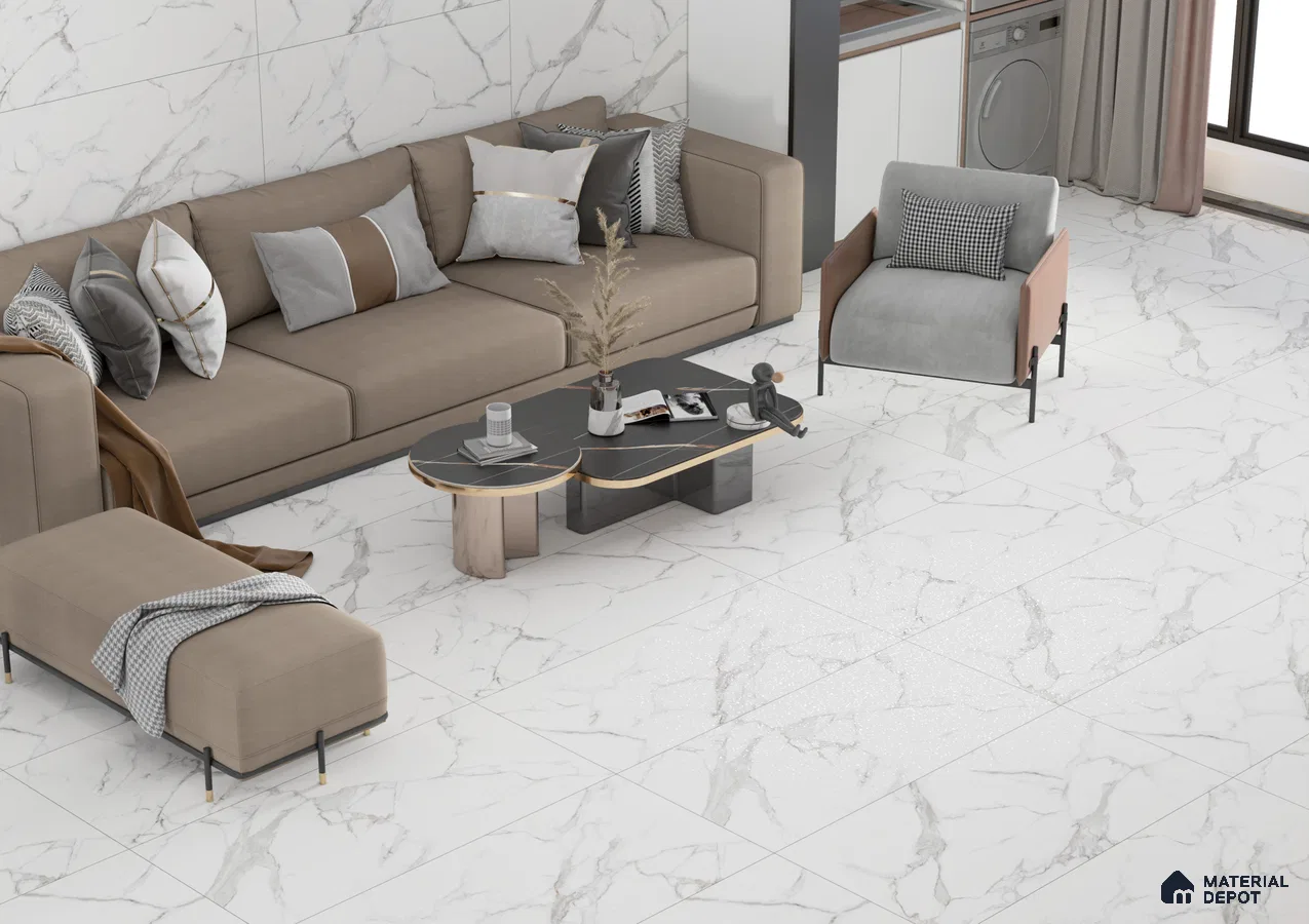 Elegant White Marble Living Room Tiles | Material Depot
