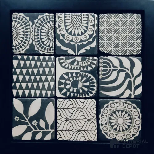 Handmade Third Fired Tumbled Tile TL 12988 Indigo Woodblock 97x97 mm Glazed Matte Finish Vitrified Mutipurpose Wall & Floor Kutch Series Tile - 9 mm
