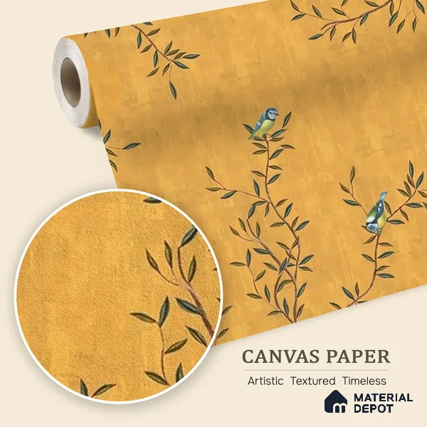 Chinoiserie Design, Mustard Yellow Wallpaper for Walls, Customised Indrani Series Canvas Florals Design (Customised Size Wallpaper )