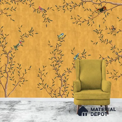 Chinoiserie Design, Mustard Yellow Wallpaper for Walls, Customised Indrani Series Canvas Florals Design (Customised Size Wallpaper )
