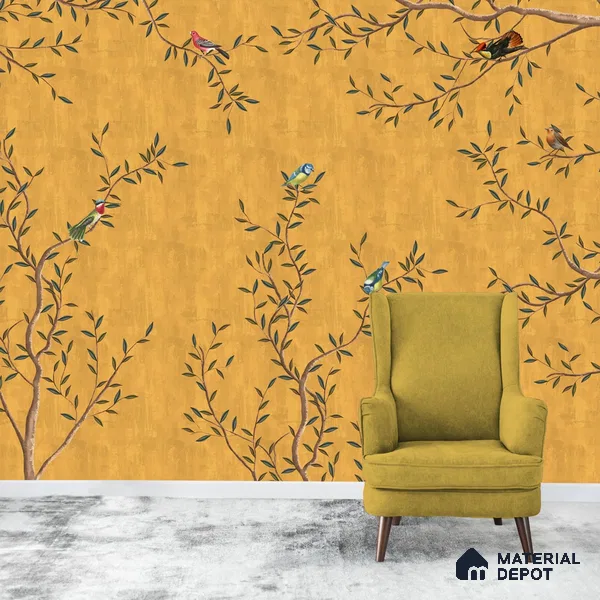 Chinoiserie Design, Mustard Yellow Wallpaper for Walls, Customised Indrani Series Canvas Florals Design (Customised Size Wallpaper )
