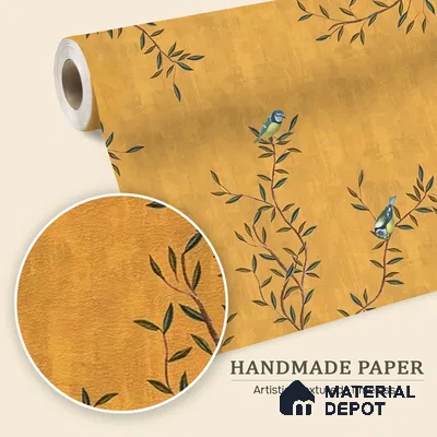 Chinoiserie Design, Mustard Yellow Wallpaper for Walls, Customised Indrani Series Handmade Florals Design (Customised Size Wallpaper )