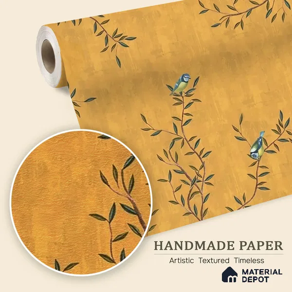 Chinoiserie Design, Mustard Yellow Wallpaper for Walls, Customised Indrani Series Handmade Florals Design (Customised Size Wallpaper )