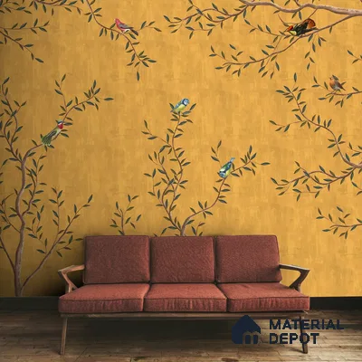 Chinoiserie Design, Mustard Yellow Wallpaper for Walls, Customised Indrani Series Handmade Florals Design (Customised Size Wallpaper )