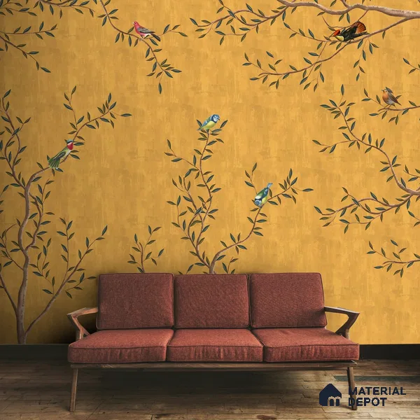 Chinoiserie Design, Mustard Yellow Wallpaper for Walls, Customised Indrani Series Handmade Florals Design (Customised Size Wallpaper )