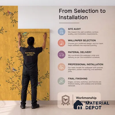 Chinoiserie Design, Mustard Yellow Wallpaper for Walls, Customised Indrani Series Handmade Florals Design (Customised Size Wallpaper )