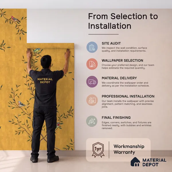 Chinoiserie Design, Mustard Yellow Wallpaper for Walls, Customised Indrani Series Handmade Florals Design (Customised Size Wallpaper )