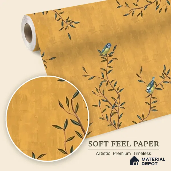 Chinoiserie Mustard Yellow Customized Floral Wallpaper - Soft Feel