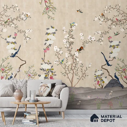Chinoiserie Floral Theme Wallpaper for Walls, Customised Indrani Series Canvas Florals Design (Customised Size Wallpaper )