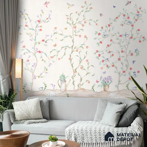 Chinoiserie Tranquility, Wallpaper in Light Background, Customised Sukoon Series Canvas Chinoserie Design (Customised Size Wallpaper)