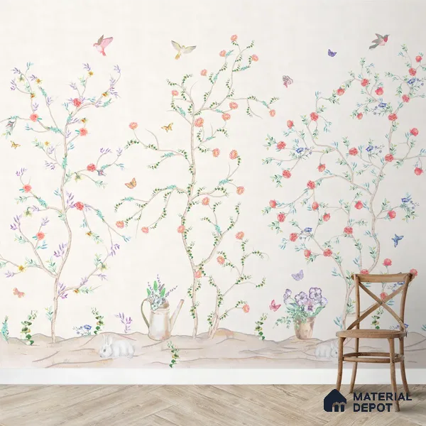 Chinoiserie Tranquility, Wallpaper in Light Background, Customised Sukoon Series Handmade Chinoserie Design (Customised Size Wallpaper)