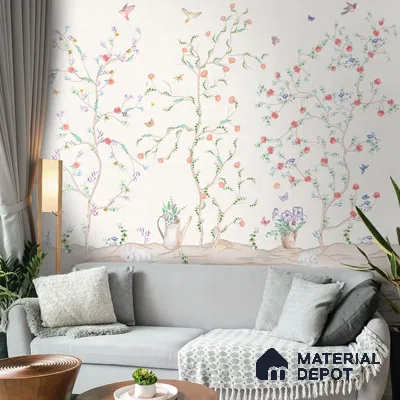Chinoiserie Tranquility, Wallpaper in Light Background, Customised Sukoon Series Handmade Chinoserie Design (Customised Size Wallpaper)