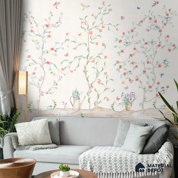 Chinoiserie Tranquility, Wallpaper in Light Background, Customised Sukoon Series Handmade Chinoserie Design (Customised Size Wallpaper)